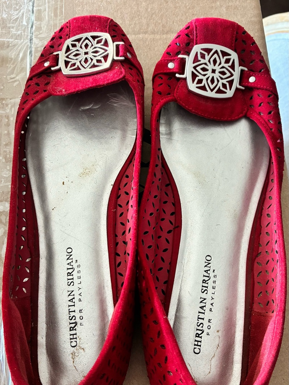 Christian Siriano Red Suede Laser-Cut Ballet Flats with Silver Emblem